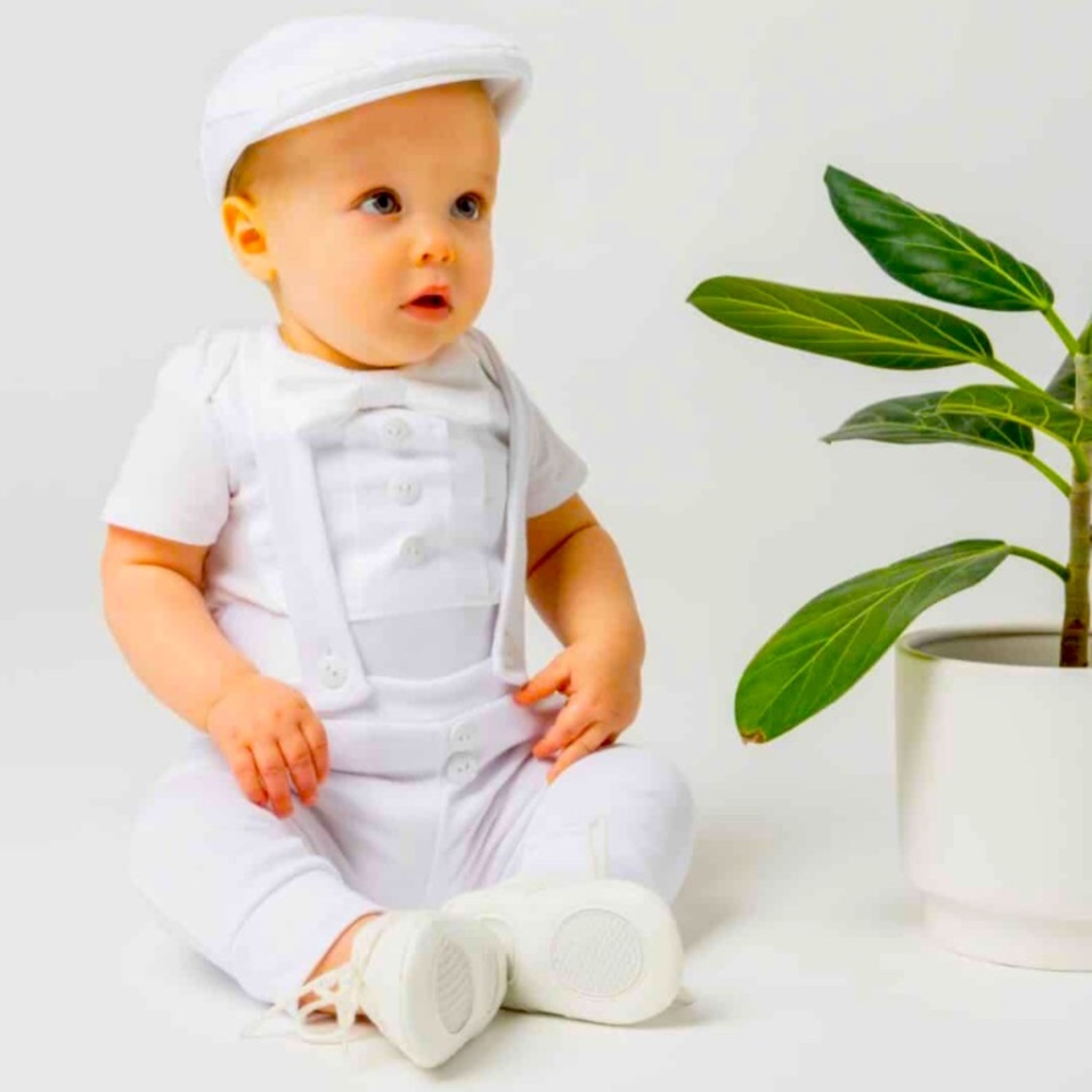 White Baptism/Christening Outfit w/ Long Sleeves & Bowtie! Newsboy Hat included!